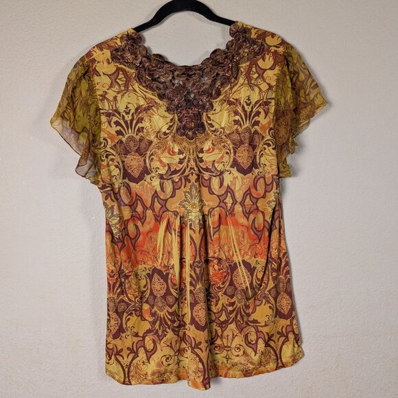 Y2K Cato Baby Doll Top Women's XL flutter Sleeve Fairy Paisley Abstract Art - Picture 4 of 7